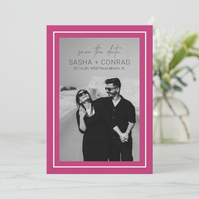 Vibrant Pink Bold Border Photo Modern Wedding Save The Date (Standing Front)