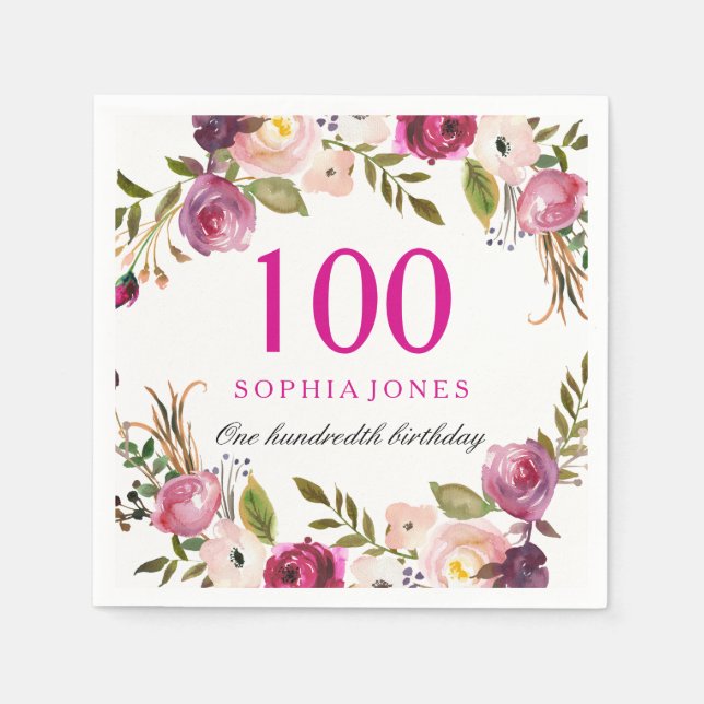 Vibrant Pink Botanical Floral 100th Birthday Party Napkin (Front)
