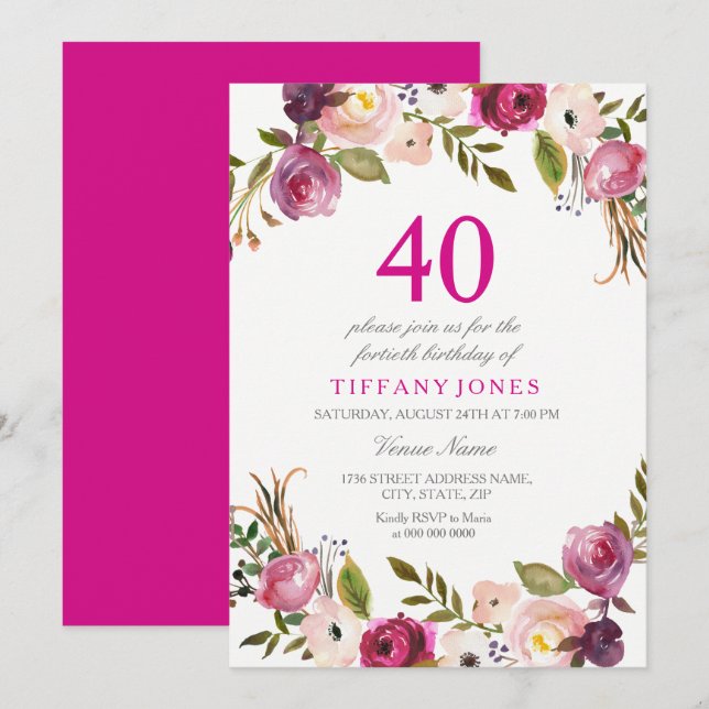 Vibrant Pink Botanical Floral 40th Birthday Invite (Front/Back)