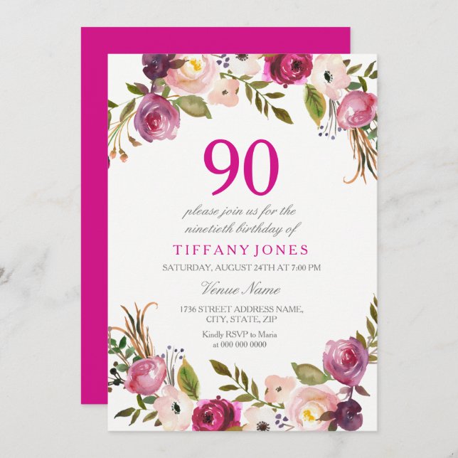Vibrant Pink Botanical Floral 90th Birthday Invite (Front/Back)