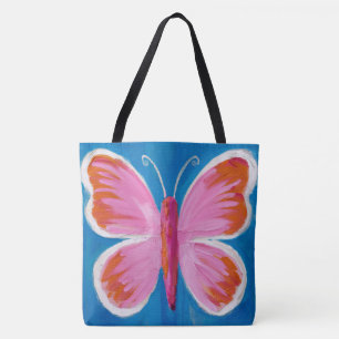 Vibrant Pink Butterfly on Blue Background Tote Bag