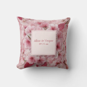 Vibrant Pink Cherry Blossom and Deep Rose Leaves Throw Pillow