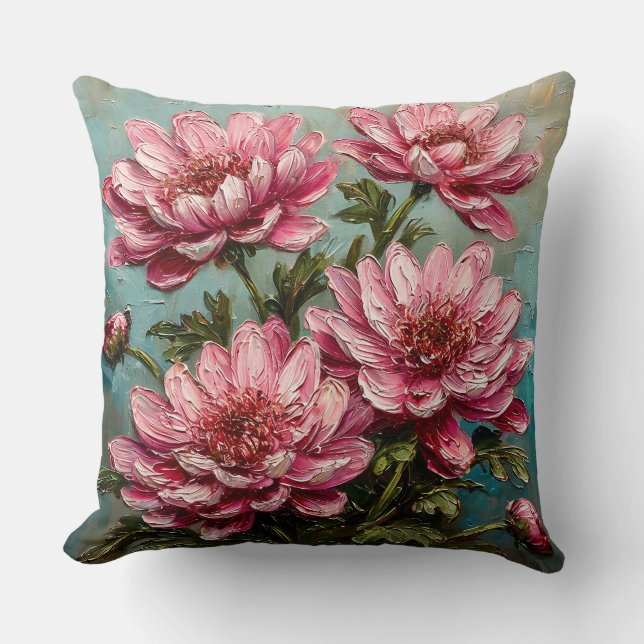 Vibrant Pink Chrysanthemum Flowers Throw Pillow (Front)