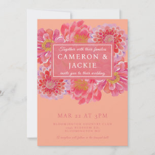 Vibrant Pink Coral Zinnia Wedding Invitation