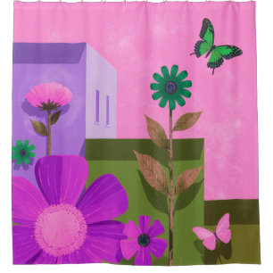Vibrant Pink Floral & Butterfly Shower Curtain