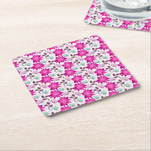 Vibrant Pink Floral Pattern Bold Modern Flowers Square Paper Coaster