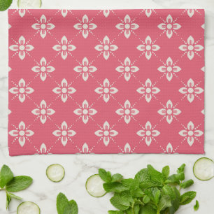 Vibrant Pink Floral Pattern with Geometric Flowers Kitchen Towel