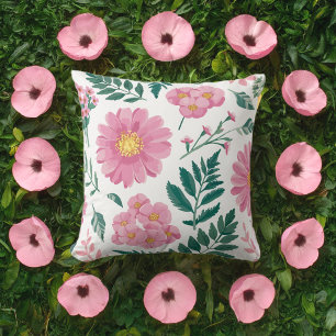 Vibrant Pink Floral Pattern with Lush Greenery Throw Pillow