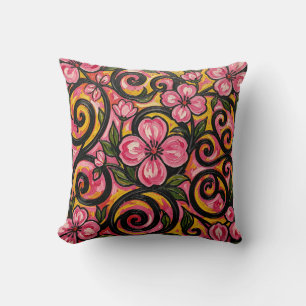 Vibrant Pink Floral Swirl Art Throw Pillow