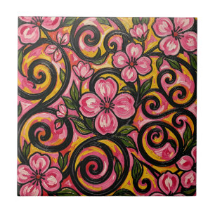 Vibrant Pink Floral Swirl Art Tile