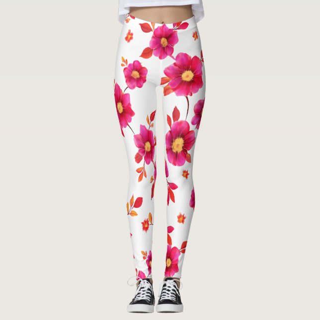 Vibrant Pink Floral Watercolor Pattern Leggings (Front)
