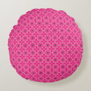 Vibrant Pink Geometric Floral Cross Patterns Round Pillow