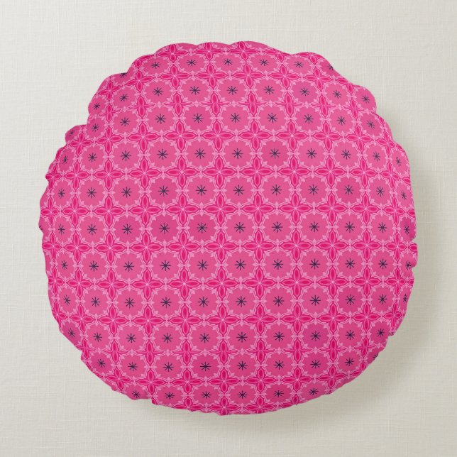 Vibrant Pink Geometric Floral Cross Patterns Round Pillow (Front)