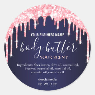 Vibrant Pink Glitter Drips Dark Blue Body Butter Classic Round Sticker