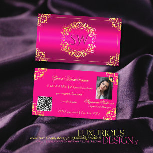 Vibrant Pink Gold Ornate Monogram Photo QR Code Business Card