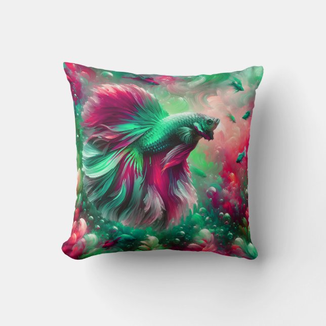 “Vibrant Pink & Green Betta Fish Art” Throw Pillow (Front)