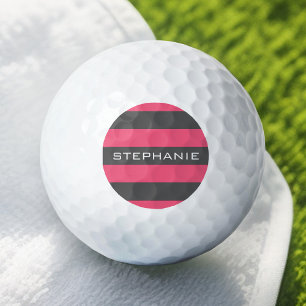Vibrant Pink & Grey Rugby Stripes with Custom Name Golf Balls
