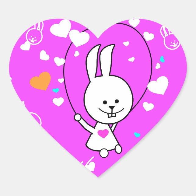 Vibrant Pink Happy Jump Roping Bunny Heart Sticker (Front)