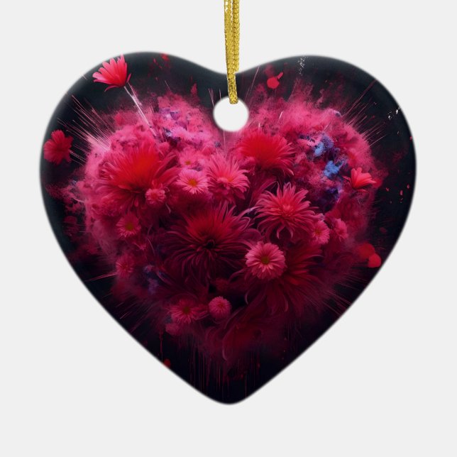 Vibrant Pink Heart Burst Ceramic Ornament (Front)