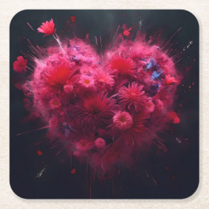 Vibrant Pink Heart Burst Square Paper Coaster