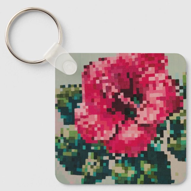 Vibrant pink hibiscus pixel art keychain (Front)