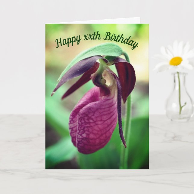Vibrant Pink Lady Slipper Personalized Birthday  Card (Small Plant)
