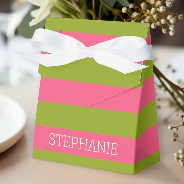 Vibrant Pink & Lime Rugby Stripes with Custom Name Favor Box (Personalized gift box for party favors)
