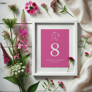 Vibrant Pink Monogram Wedding Table Number Card