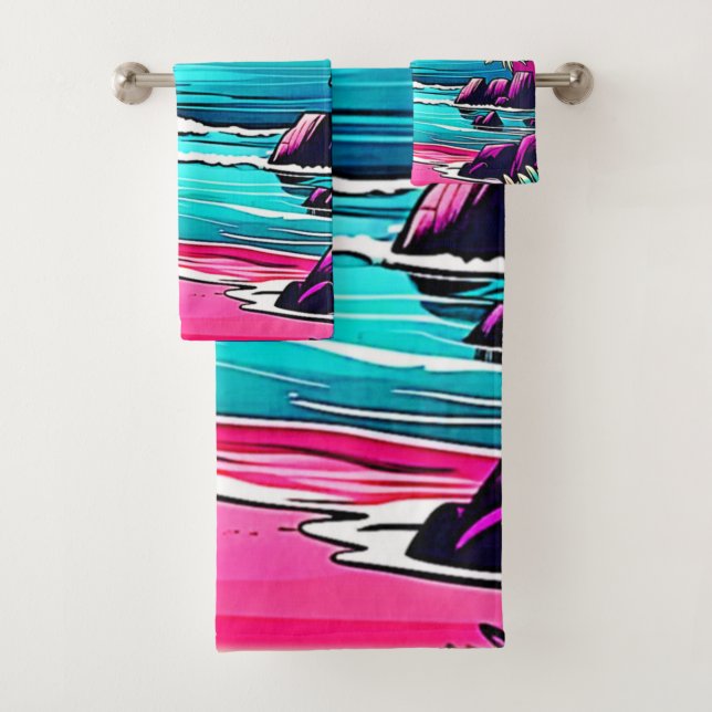 Vibrant Pink Moon Beach Bath Towel Set (Insitu)