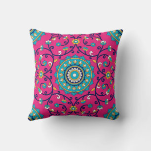 Vibrant Pink Moroccan Boho Floral Tapestry Throw Pillow