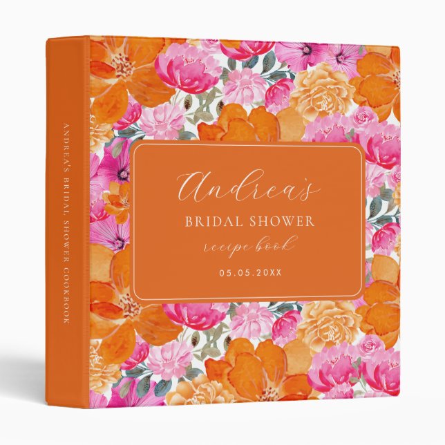 Vibrant Pink & Orange Floral Bridal Shower Recipe Binder (Front/Spine)