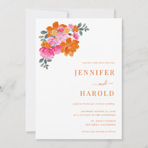 Vibrant Pink & Orange Floral Garden Photo Wedding Invitation