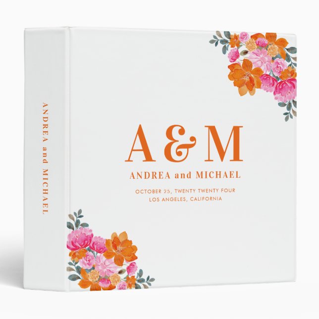 Vibrant Pink & Orange Floral Monogram Wedding Binder (Front/Spine)