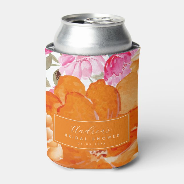 Vibrant Pink & Orange Floral Summer Bridal Shower Can Cooler (Can Front)