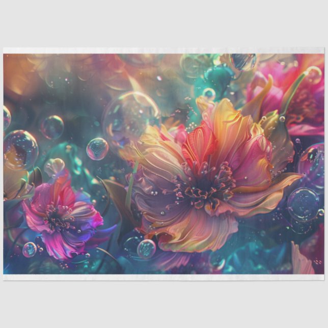 Vibrant Pink Orange Teal Floral Decoupage Tissue Paper (Front)