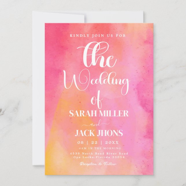 Vibrant Pink & Orange Watercolor Wedding Invitatio Invitation (Front)