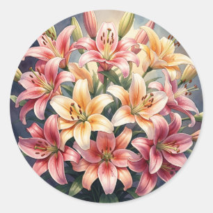 Vibrant Pink Orange White Lilies Watercolor Floral Classic Round Sticker