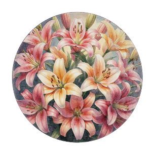 Vibrant Pink Orange White Lilies Watercolor Floral Cutting Board