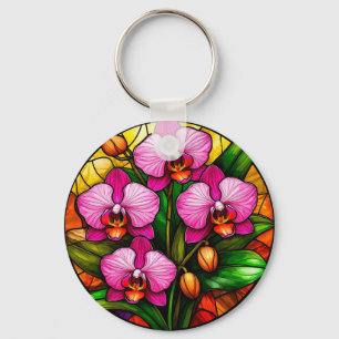 Vibrant Pink Orchids and Green Leaves Keychain