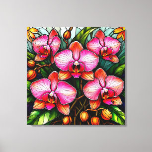 Vibrant Pink Orchids in Stained Glass Artwork Canvas Print