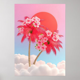 Vibrant pink palm trees with flowers poster