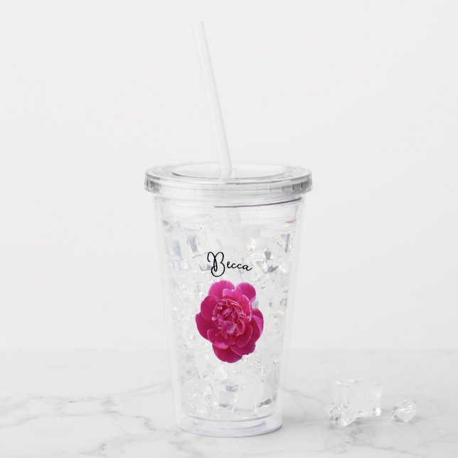 Vibrant Pink Peony Flower Personalized Acrylic Tumbler (Front Ice)