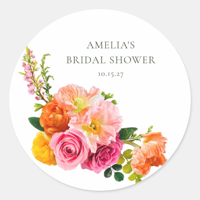 Vibrant Pink Poppies Floral Bloom Bridal Shower Classic Round Sticker (Front)