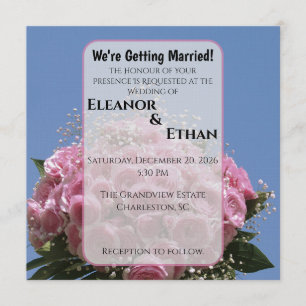 Vibrant Pink Rose Bouquet & Blue Sky Summer  Invitation
