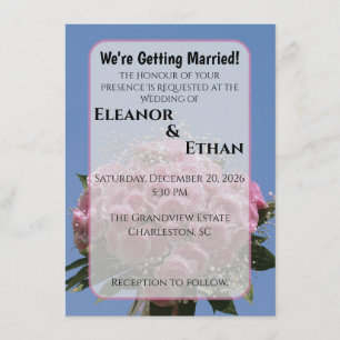 Vibrant Pink Rose Bouquet & Blue Sky Summer Invitation