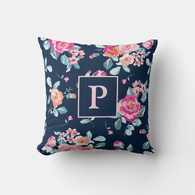 Vibrant Pink Roses Floral Pattern Monogram Throw Pillow (Front)