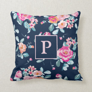 Vibrant Pink Roses Floral Pattern Monogram Throw Pillow