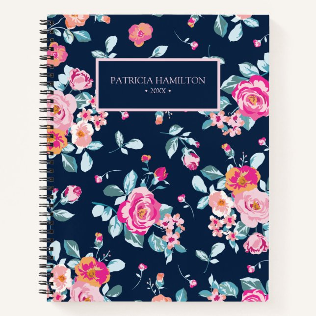 Vibrant Pink Roses Floral Pattern Notebook (Front)