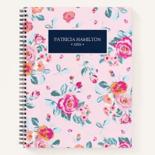 Vibrant Pink Roses Floral Pattern On Blush Notebook