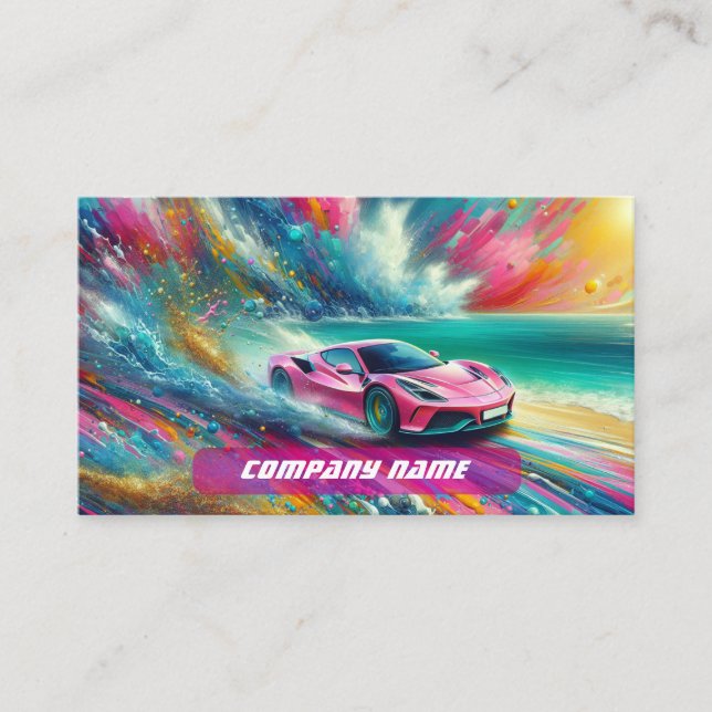 Vibrant Pink Sportscar on a Tropical Beach  Business Card (Front)